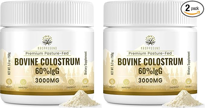 Kroppssund Bovine Colostrum Powder Supplement 3000 mg - Extra High 60% IgG Bovine Colostrum - GutBoneExerciseImmune - 50 Servings (1 Bottle)(Pack of 2)