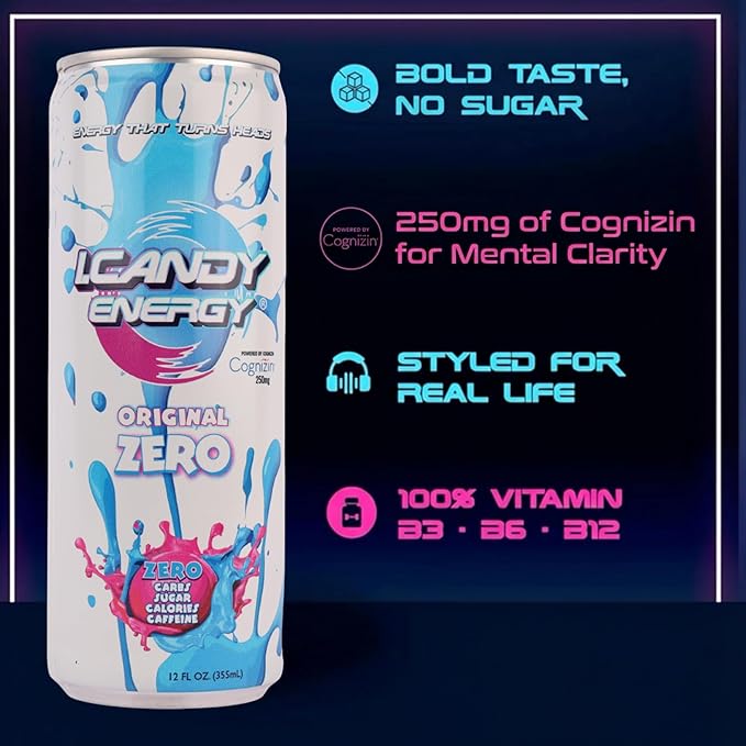 I.CANDY ZERO Energy Drink Caffeine Free Sugar Free Energy Drinks 24 Pack 12 oz Cans Zero Sugar Zero Calorie 250mg Cognizin Citicoline No Caffeine Mental Focus Energy