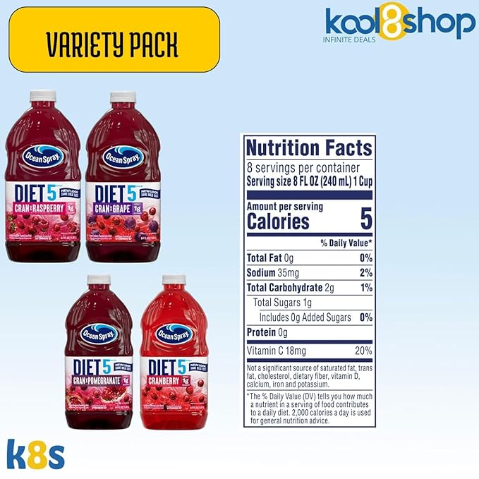 Ocean Spray Diet Variety Pack Juice Drink 64 fl oz Plastic Bottle 4 Pack + 15 Sugarcane Disposable Straws by KOOL8SHOP Infinite Deals