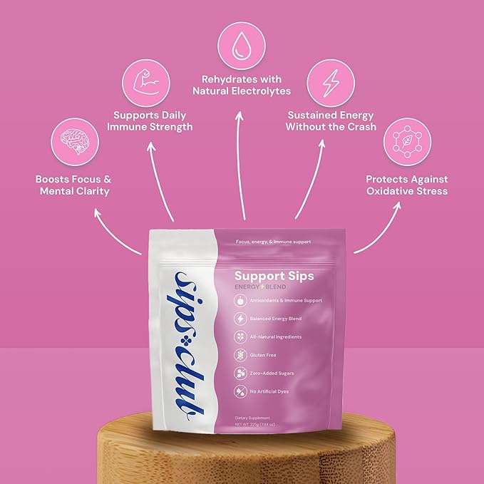 Support Sip with Caffeine and L-Theanine Blend - Healthy Drink Mix Powder Packets for Immune &amp Digestive Health - All Natural Ingredients No Added Sugar or Dyes - Variety Pack (30 Packs)