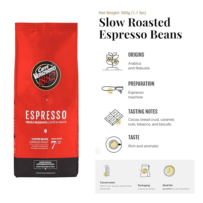 Caffe Vergnano 1882 Granaroma Espresso &amp Antica Bottega Whole Bean Arabica Medium Espresso Roast Coffee 1.1lbs Bag - Italian Coffee Beans -500g Bag (3 Pk)