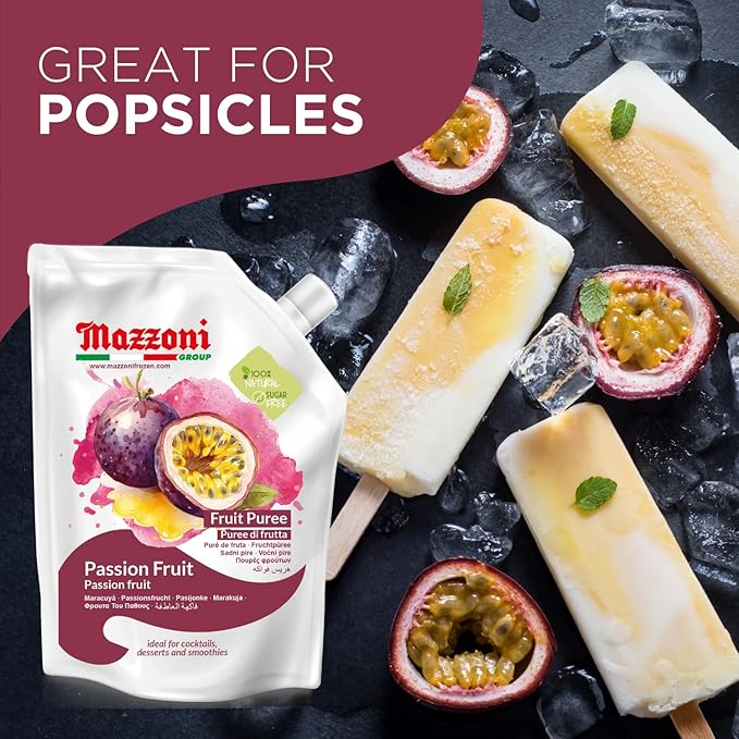 Mazzoni - Passion Fruit Juice Puree 100% Maracuya Just Fruit No Sugar Added 2.2 lbs (35.2 oz) Real Fruit Mixer for Cocktails Smoothies Drinks Fruit Juice Convenient Pouch Made in Italy