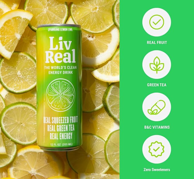 LivReal Clean Energy Drink – Organic Green Tea Caffeine 125mg + L-Theanine 100mg – Real Fruit No Sweeteners or Flavorings – Vitamin C &amp B Complex – Sparkling Lemon Lime Water 12 Pack 12 fl oz