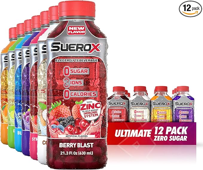 SueroX Zero Sugar Electrolyte Drink for Hydration and Recovery Unique Blend of Electrolytes &amp 8 Ions Zero Calorie Sports Drink 21.3 Fl Oz Ultimate Pack 12 Count