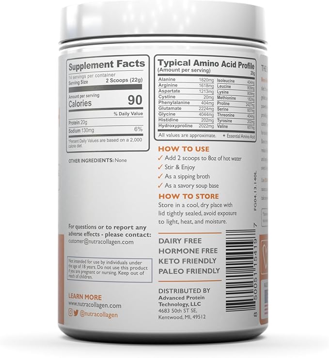 NUTRACOLLAGEN Bone Broth Protein Powder Non GMO Keto Friendly Paleo Joint Gut Muscle and Bone Health Support. 11g Collagen 10g Protein 14 srvg Unflavored