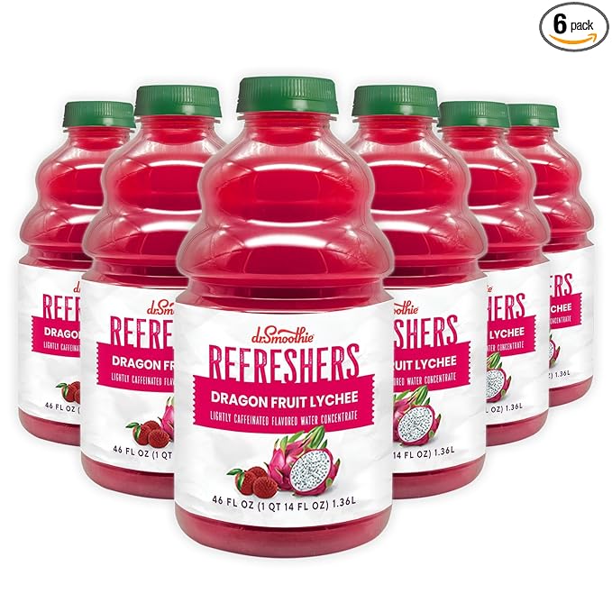 Dr. Smoothie Refreshers Dragon Fruit Lychee – Made with Real Fruit Juice – Drink Concentrate No Artificial Colors Shelf-Stable – Lightly Caffeinated with Green Coffee Extract (Six 46 oz Bottles)