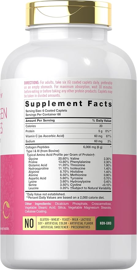 Carlyle Collagen Peptides 6000mg | 400 Caplets | with Vitamin C | Type 1 and 3 | Non-GMO Gluten Free Grass Fed Supplement