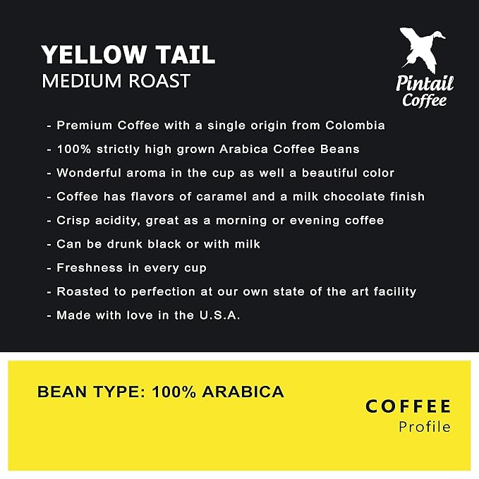 Pintail Coffee - 100% Colombian Yellow-Tail Whole Bean Coffee Medium Roast 12 oz. Bag