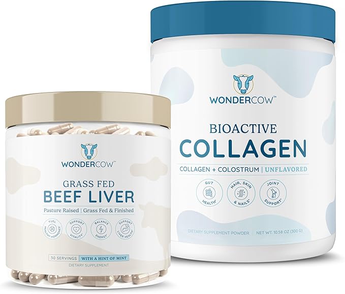 WONDERCOW Bioactive Collagen w/Bovine Colostrum Powder + Grassfed Beef Liver Supplement Capsules