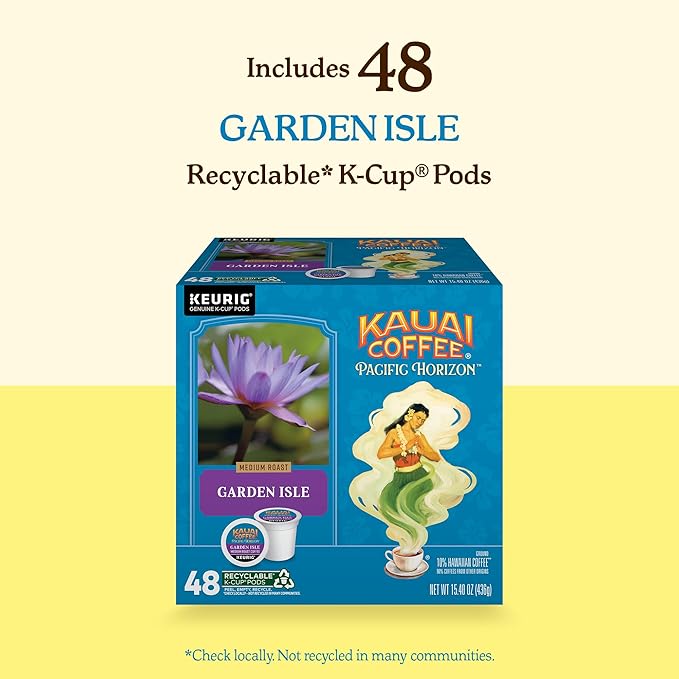 Kauai Coffee K-Cup Pods for Keurig Brewers – Arabica Coffee 10% Hawaiian – Medium Roast Bright Aroma With Light Floral Notes – Garden Isle 1 Pack of 48 Single Serve K-Cups