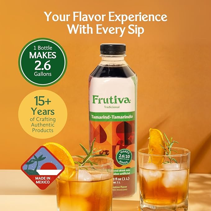 Frutiva Authentic Tamarind Drink Mix| |Made in Mexico with Cane Sugar | Aguas Frescas Concentrate Makes 2.6 Gallons Per Bottle | No High Fructose Corn Syrup | de | Perfect for Drinks Desserts &amp M