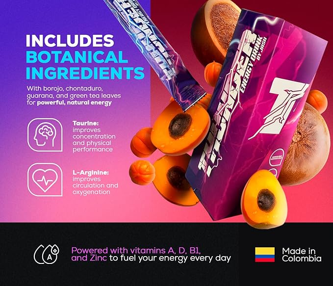 THUNDER energy drink by JASH: box of 10 sachets 15 ml each. Tropical botanical drink in sachets with guarana green tea peach palm and borojó. Liquid format.