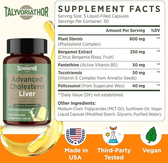 Advanced Cholesterol Lowering Supplements &amp for High Cholesterol | Liquid-Filled Capsules for Maximum Absorption | Plant Sterols Policosanol Bergamot Extract | Triple-Action Formula90 Capsules