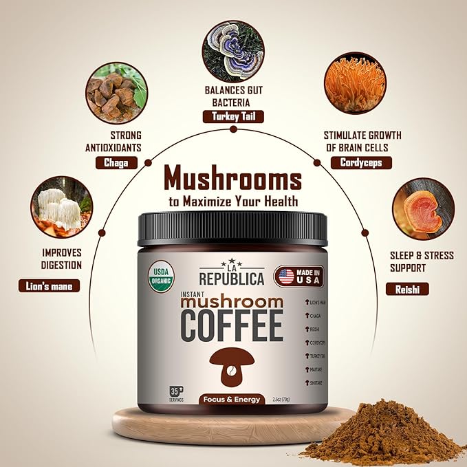 La Republica Instant Mushroom Coffee Organic – 100% Arabica Coffee with Lion’s Mane Reishi &amp 5 More Mushrooms for Focus Immunity Energy Support &amp Fast Metabolism – 35 Servings