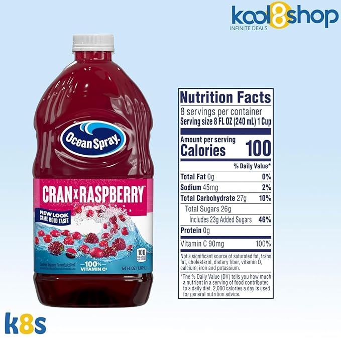 Ocean Spray Cran Raspberry Fruit Juice Drink 64 fl oz Plastic Bottle 4 Pack + 15 Sugarcane Disposable Straws by KOOL8SHOP Infinite Deals