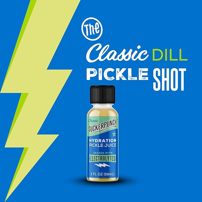 Suckerpunch Electrolyte Pickle Juice Shot Leg and Muscle Cramp Relief Sports Drink Low Calorie Gluten Free Post Workout Hydration Potassium Keto Friendly Non GMO Spicy Dill 2oz 12ct