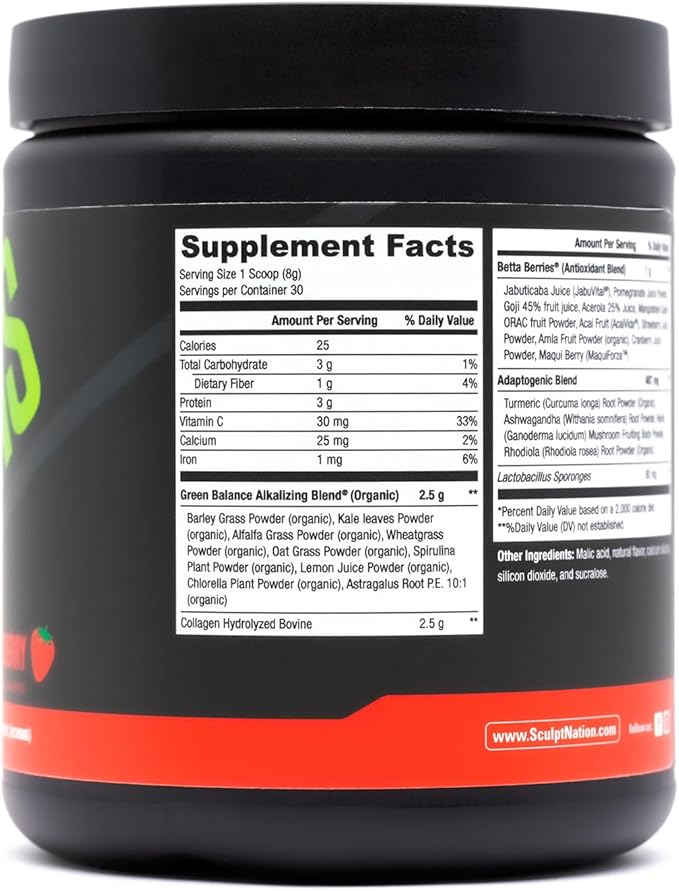 Sculpt Nation by V Shred Greens Strawberry - Premium Greens Powder &amp Superfood Blend with Collagen to Support Skin Digestion and Energy - 30-Day Supply