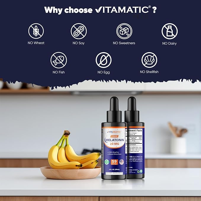 Vitamatic 2-Pack Melatonin 20mg Liquid Drops - 2 fl oz (59 ml) Each - Natural Berry Flavor - Non-GMO Vegetarian Supplement for Adults