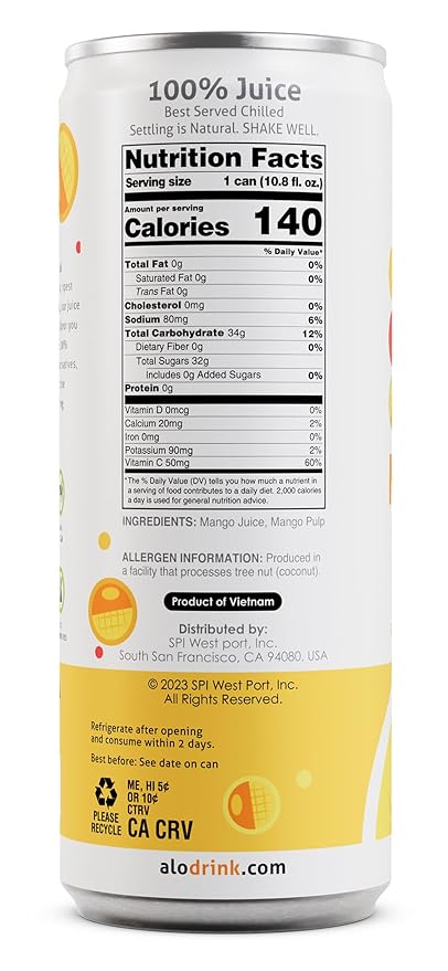 ALO Slim Can Juice Mango with Real Fruit Pulp| 10.82 fl oz Pack of 12 | Plant-Based Beverage 100% Natural Juice