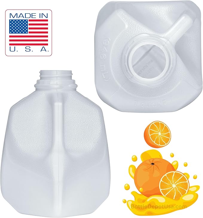 FIJIAN MADE 32 Oz Plastic Jugs (6 PACK) 1-Quart / 32-Ounce Bottles with Orange Snap On Caps – Great for Homemade Juices Milk Smoothies Tea and Other Beverages - Food Grade BPA Free