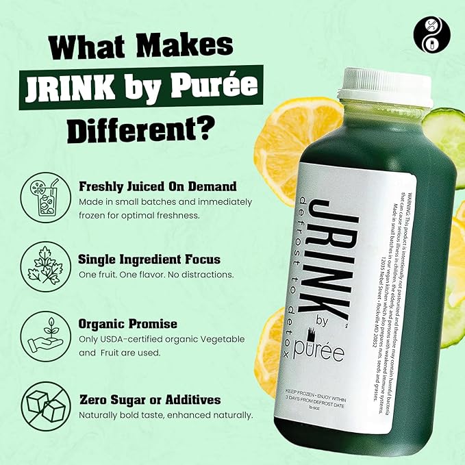 JRINK by Purée Daily Green Juice Cold Pressed Organic Fruit and Vegetable Blend Detox Cleanse Healthy Raw Greens Drink No Preservatives Juice Cleanse 16oz HDPE Bottles Pack of 12