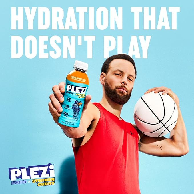 PLEZi Hydration Drink Bundle – Orange Mango &amp Fruit Punch x Stephen Curry – Sports Drinks with 2X Electrolytes 500mg Potassium No Added Sugar – 16.9 Fl Oz (24 Pack Total)