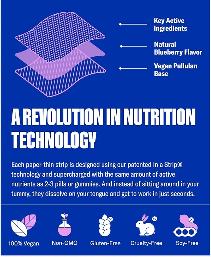 NuStrips™ Fast-Dissolving Sleep Strips with 5mg Melatonin Valerian Root L-Theanine &amp Vitamin B6 – Blueberry Flavor - Natural Sleep Aid Vegan Non-GMO Gluten Free – Fall Asleep Fast (30 Strips)
