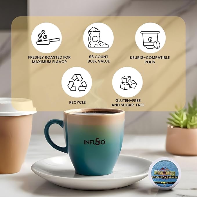 InfuSio Coffee Pods – Revival Roaster Collection - 96 Count Single Serve Coffee Pods for Keurig K Cup® Brewers Compatible with Keurig 2.0 Brewers Costa Rica Tarrazu (Medium Roast Coffee)