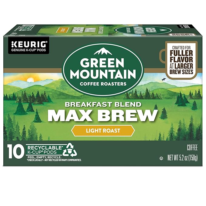 Green Mountain Coffee Roasters Breakfast Blend Max Brew Single Serve Keurig K-Cup Pods Light Roast Coffee 60-Count Box (6 Packs of 10)