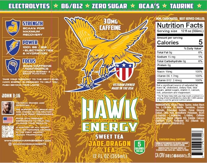 HAWK ENERGY SWEET TEA - JADE DRAGON TEA - Premium Sugar Free Energy Drink - 12 Pack - 12 oz cans - Focus and Power - 30mg Caffeine BCAA's B6/B12 Taurine Ginseng and L-Citrulline DL Malate 100% V