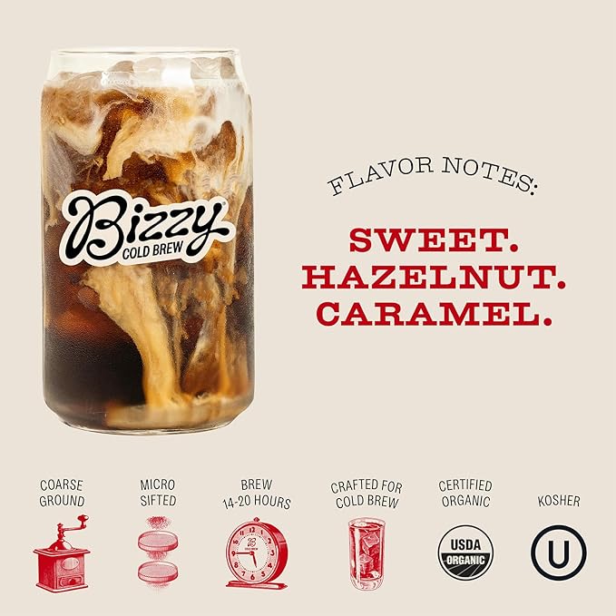 Bizzy Organic Cold Brew Coffee | Bundle | Coarse Ground Coffee | Dark &amp Bold 1 LB + Smooth &amp Sweet Pitcher Pack 12-count | 2 Pack