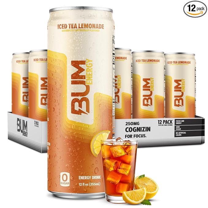 BUM Sugar-Free Energy Drink Iced Tea Lemonade - No Artificial Colors Natural Caffeine &amp Citicoline for Energy &amp Focus Brain Boost &amp Workout Sports Beverage - 12 oz Pack of 12