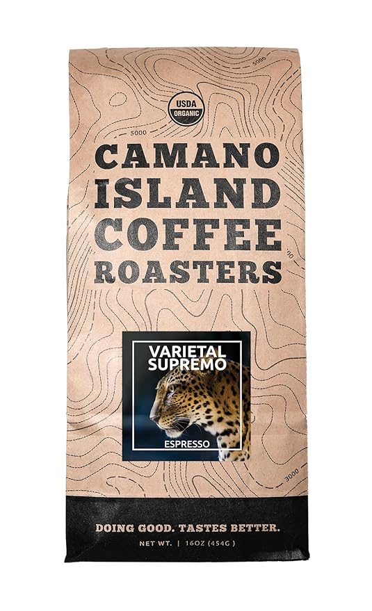 Camano Island Coffee Roasters Varietal Supremo Espresso Blend Ground 1lb Fresh Dark Roast USDA Organic Fairly Traded Shade Grown Arabica Chocolate Caramel Hint of Spice Flavor Profile