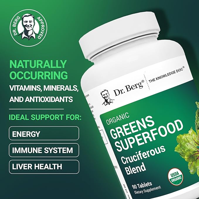 Dr. Berg's Greens Superfood Cruciferous Vegetable Tablets - Vegetable Supplements for Adults w/ 11 Phytonutrient Super Greens - Energy Immune System &amp Liver Veggie Tablets - 90 Tablet