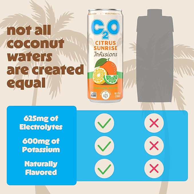 C2O - Coconut Water Infusions - Citrus Sunrise (12 Pack) - 700mg of Electrolytes - Made with Fresh Coconut Water + Real Fruit Juice - Plant Based Natural Hydration Non GMO - 12 Slim Cans 10.5 fl oz