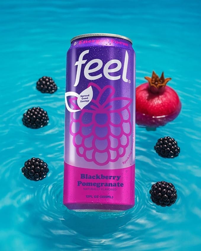 FEEL Zero Sugar Natural Energy Drink – Blackberry Pomegranate 140mg Plant-Based Caffeine with L-Theanine for Focus Vitamin C for Immunity Vegan Non-GMO No Artificial Sweeteners 12 Fl Oz Cans (12
