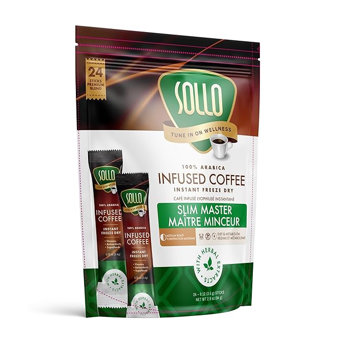 SOLLO Slim Infused Instant Coffee sticks (24 Servings) Weight Loss Healthy Body Support Medium- Dark Roast 100% Arabica Freeze Dried Coffee in Single Serve Sticks.
