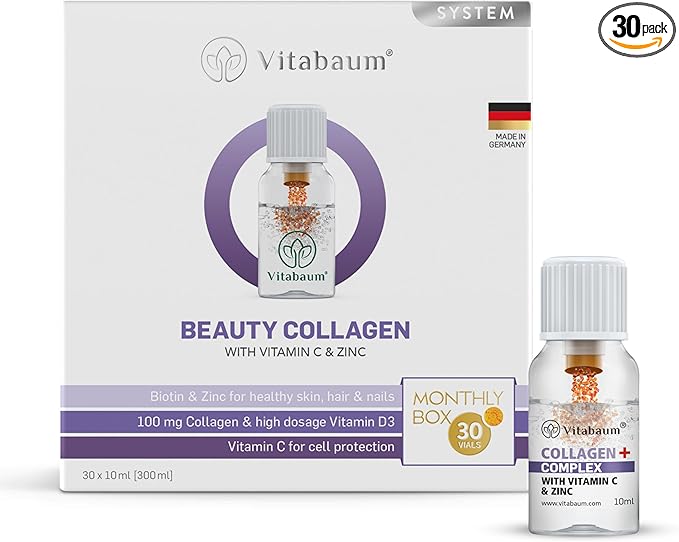 Vitabaum® Beauty Collagen with Vitamins D3 C B2 B7 Zinc &amp Manganese - Hair Skin and Nails Supplement - 30 Vials (0.34 fl.oz Each) - Innovative Twist and Mix System™ for Fast Absorption