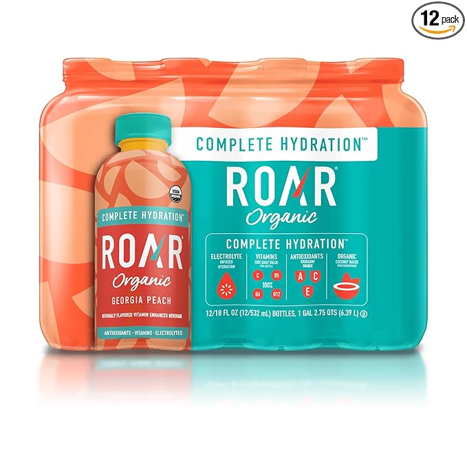 ROAR Complete Hydration Organic - Electrolyte Drinks Loaded with Vitamins C B5 B12 - Non-GMO Gluten-Free - Georgia Peach - 12 pc