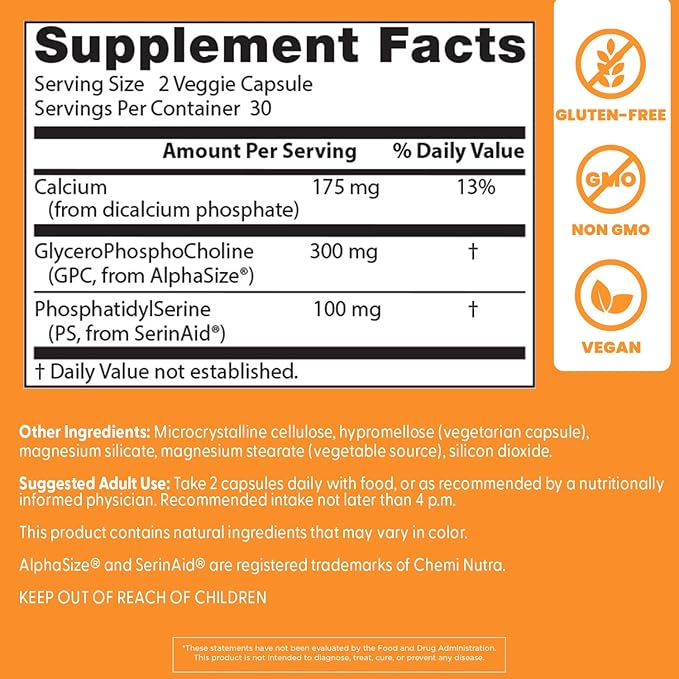 Doctors Best Natural Brain Enhancers with AlphaSize + SerinAid Supports Memory &amp Attention Non-GMO Gluten Free Vegan 60 Veggie Caps