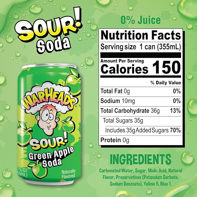 Sour Fruity Soda with Classic Warheads Flavors – Perfectly Balanced Sweet and Sour Soda - Warheads Candy Throwback Treat Soda Cocktail Mixer Pack of 12 12oz Cans (Variety Pack)