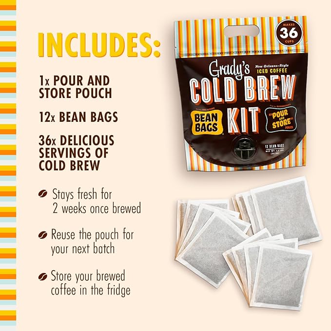 GRADY’S COLD BREW New Orleans Style &amp French Vanilla Bundle 100% Arabica Ground Coffee &amp Chicory Pouches 2 All-in-One Cold Brew Kits each with 12 Easy-to-Brew Beans Bags Make 72 drinks