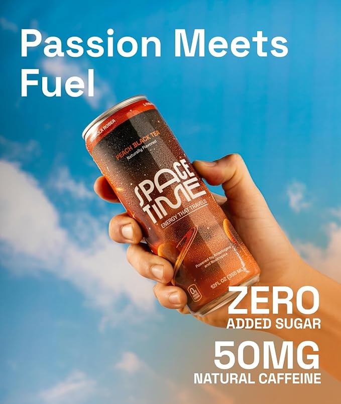 SpaceTime Productivity &amp Focus Energy Drink – Real Juice Infused Nootropic Drink with 50mg Organic Caffeine L-Theanine Rhodiola &amp B Vitamins – Clean Low-Caffeine Brain Boost – Peach Black T