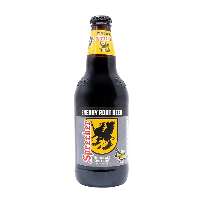 Sprecher Energy Root Beer in 16 fl oz Glass Bottles (12 Pack) Caffeinated Fire Brewed Craft Soda with Real Honey Naturally Flavored Root Beer Energy Drink