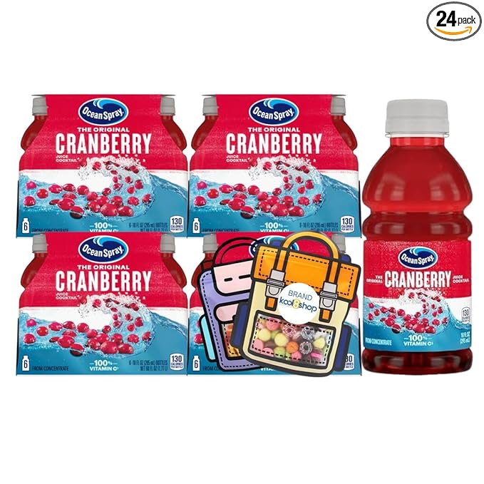 Ocean Spray Cranberry Fruit Juice Drink 10 fl oz Plastic Bottles 24 Pack + 2 Reusable Snack Bags by KOOL8SHOP Infinite Deals