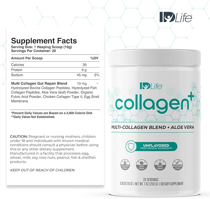 IDLife Collagen+ Powder Drink - Multi-Collagen Blend with Fulvic Acid &amp Aloe Vera - for Healthy Hair Skin Nails Joints &amp Gut - 20 Servings / 200g