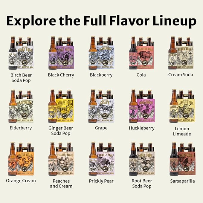 Rocky Mountain Soda 24‑Pack 12 Fl Oz Bottles Small‑Batch Craft Soda Pop Gluten‑Free Vegan Organic Cane Sugar No Preservatives No Added Sodium Huckleberry Soda Pop