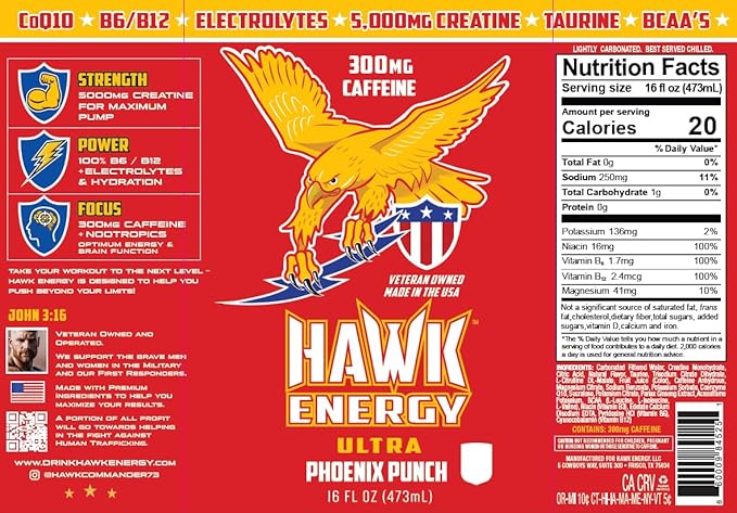 HAWK ENERGY ULTRA - Premium Sugar Free Energy Drink - 12 Pack - PHOENIX PUNCH - Focus and Power - 5000mg Creatine 300mg Caffeine BCAA's B6/B12 Taurine and L-Carnitine 100% Veteran Owned and Made