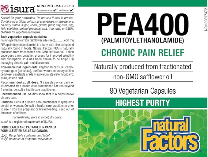 Natural Factors PEA400 - Pure Palmitoylethanolamide for Relief - Supports Nervous System &amp Occasional Discomfort - Non-GMO - 90 Capsules (90 Servings)