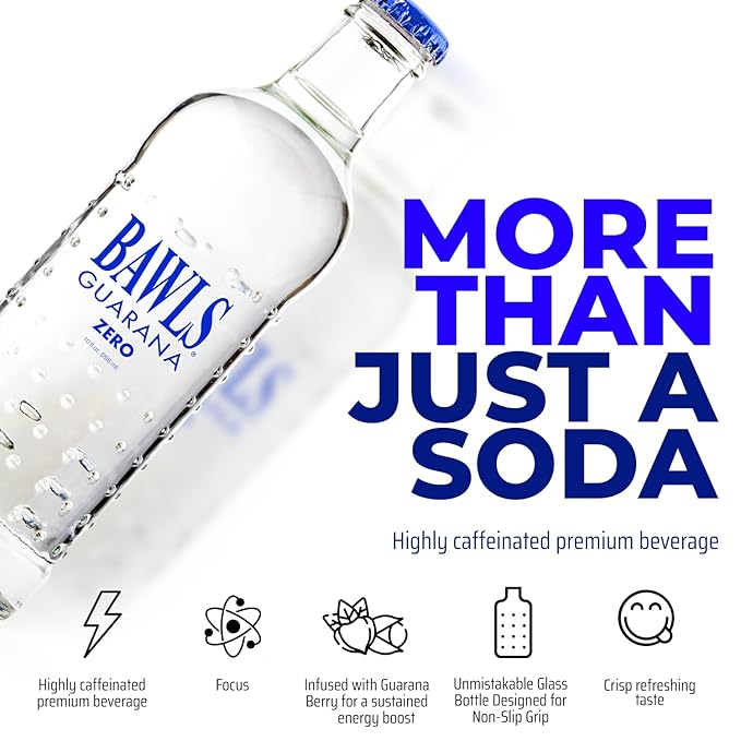 BAWLS Guarana Zero BAWLS Guarana Drink Guarana Soda Guarana Fueled Soda for Energy High Energy Caffeinated Drink 10oz 12 Pack Glass Bottles